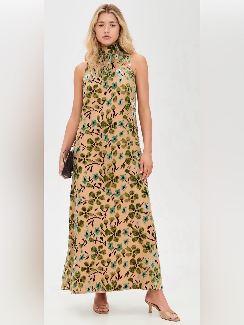 STAUD Beige Maxi Dress with Green Floral Print (Dupe from Few Moda)